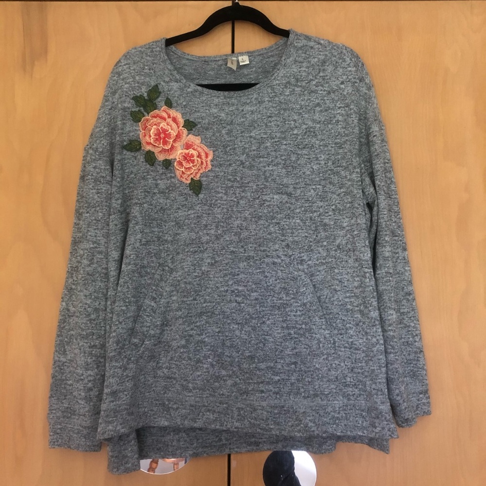 Francescas Grey Sweater with Floral Embellishment